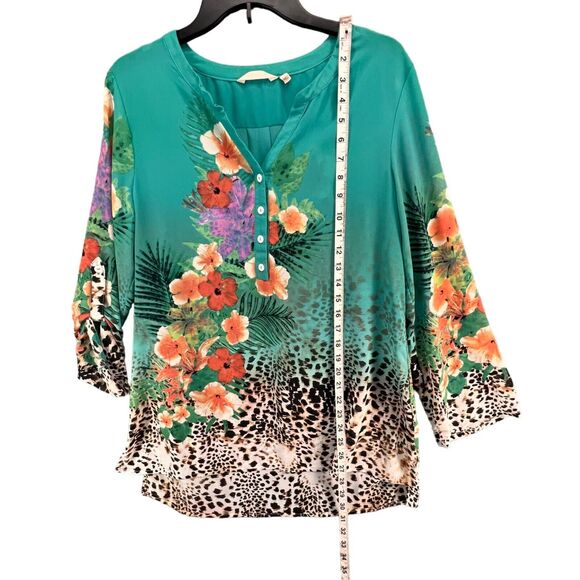 Soft Surroundings Tunic Top Women M Green Floral Sheer Blouse Resort Tropical - Picture 7 of 13